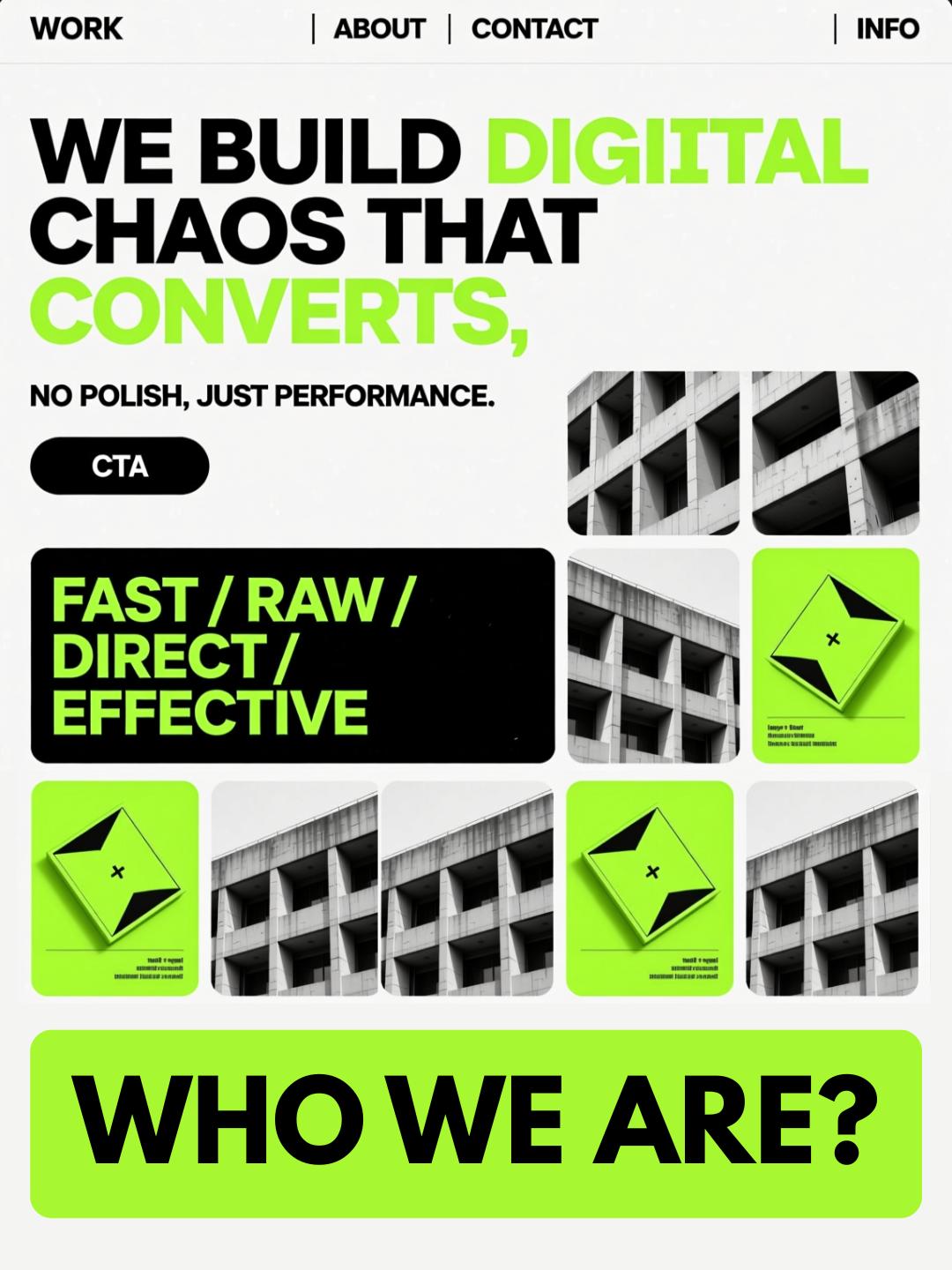Stark anti-design website prototype with bold accents and industrial layout patterns