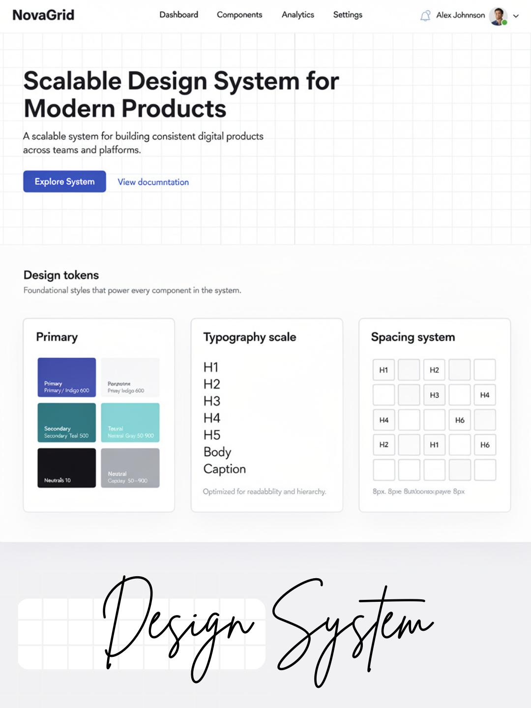 Symmetrical layout mock showing multi-column grid alignment and logical content hierarchy
